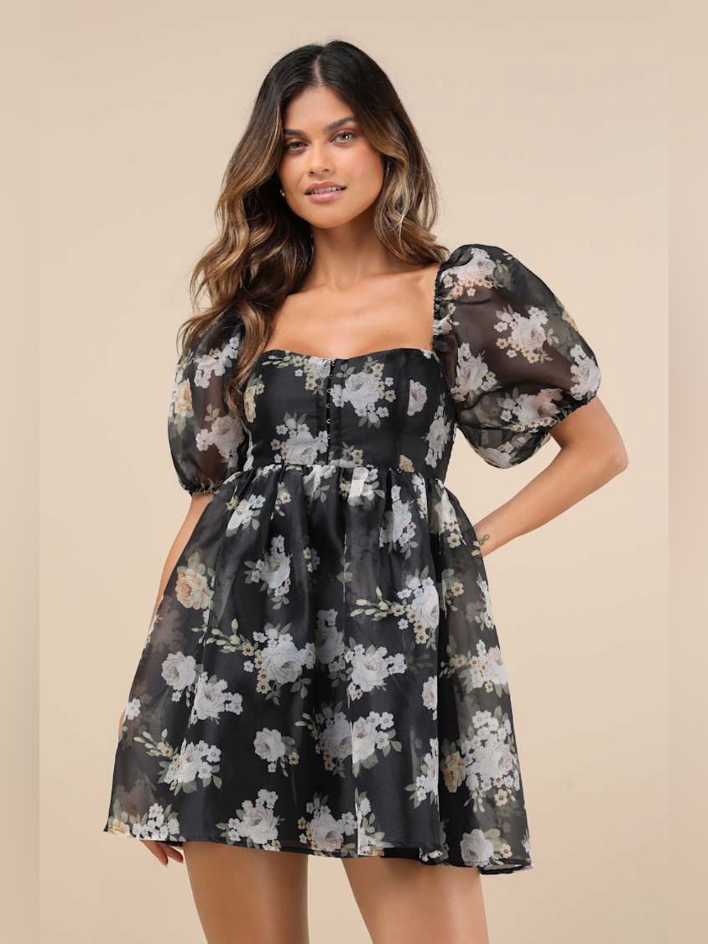 Lulus Desired Delight Black Floral Organza Puff Sleeve Babydoll Mini Dress L